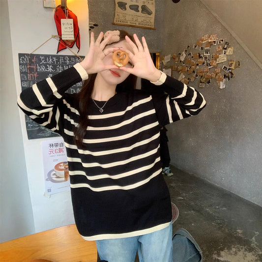 Idle Style Retro Striped Crew Neck Long Sleeves Knitwear