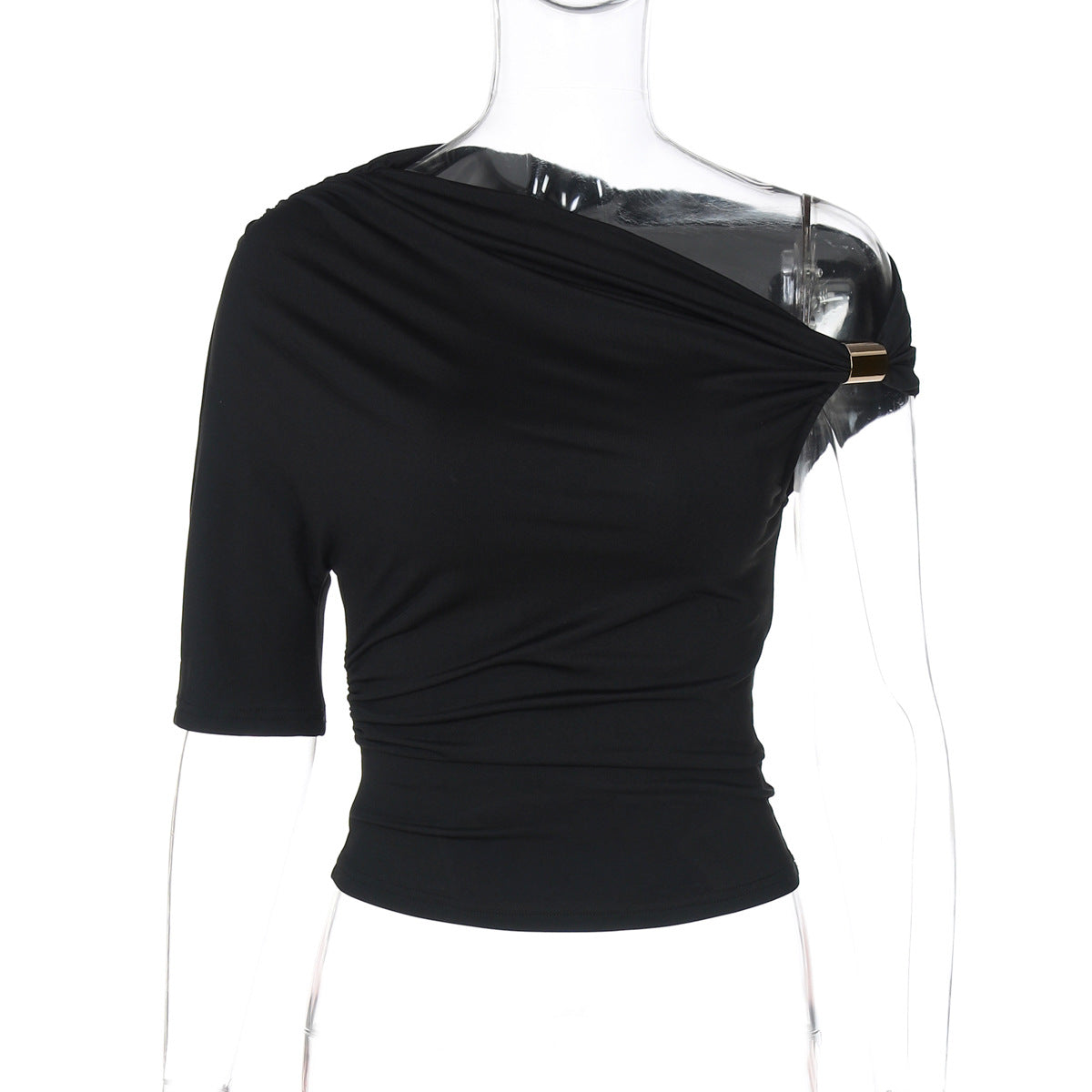 Asymmetric Pleated Crop-top Tight-fitting T-shirt