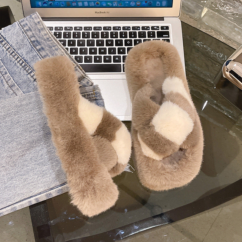 Color Matching Cross Fluffy Slippers Female Autumn And Winter
