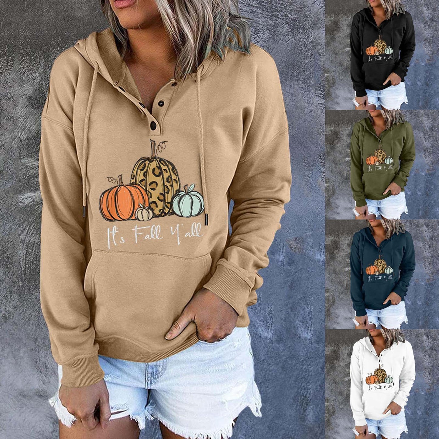 Loose Casual Hooded Drawcord Pocket Button Guard