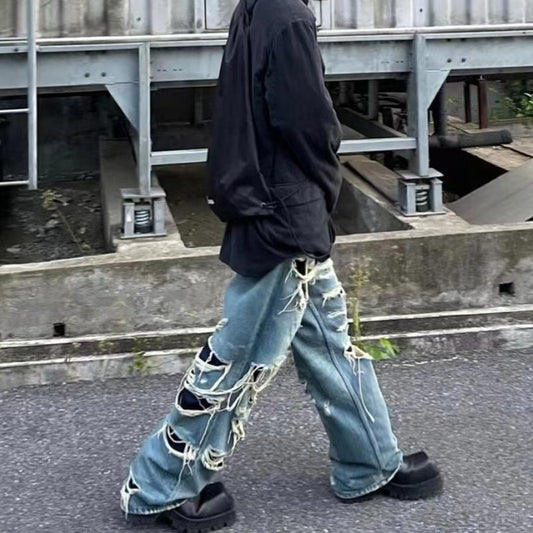 Men's And Women's Fashionable Double Layer Fringed Denim Trousers