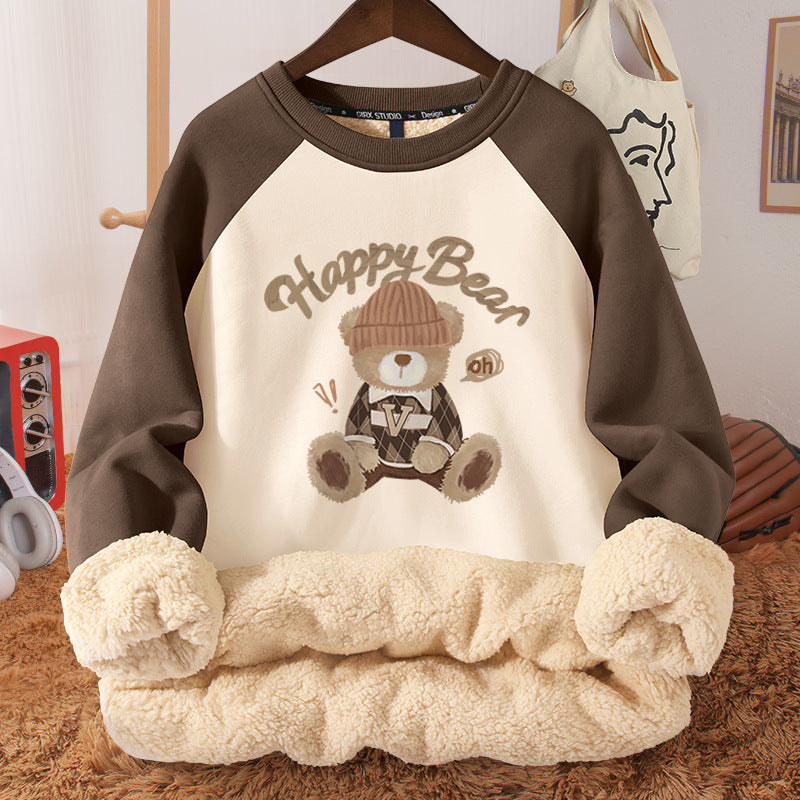 Women's Autumn And Winter Fleece-lined Thickened Hooded Berber Fleece Coat Contrast Color Raglan