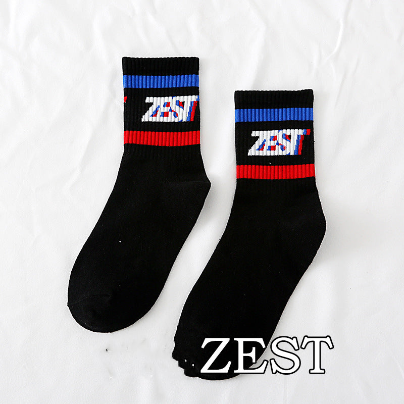 Spring And Autumn Ladies New Mid-calf English Letters Wide Stripe Combination Ins Trend Athletic Socks Combed Cotton Women's Socks Manufacturer
