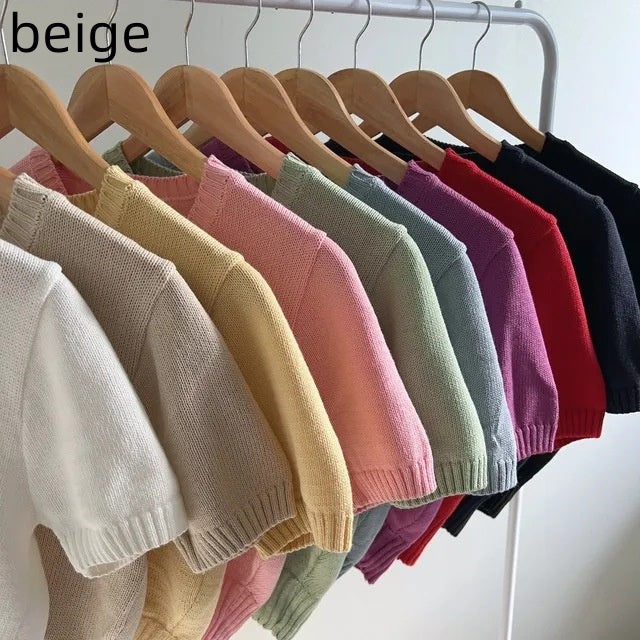 Simple V-neck Solid Color Short-sleeved Sweater Casual Short Top