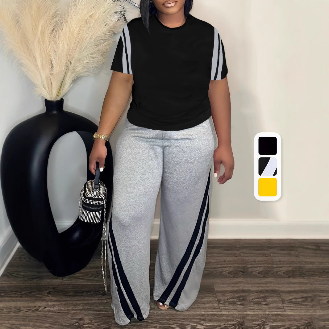 Plus-size Striped Printed Two-piece Set Crew-neck Short-sleeve Top And Pants