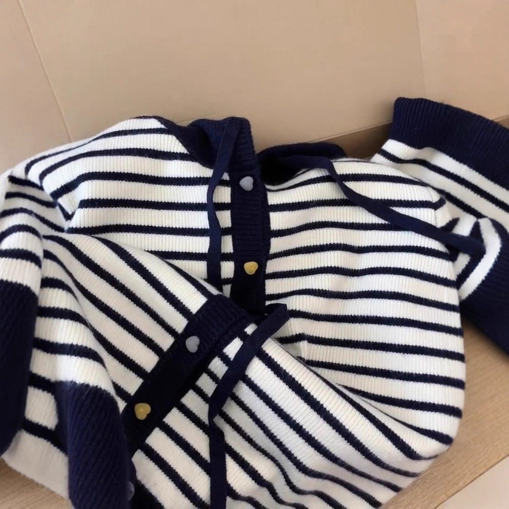 Hooded Color Buckle Knitted Cardigan Loose Western Style Striped Hooded Top