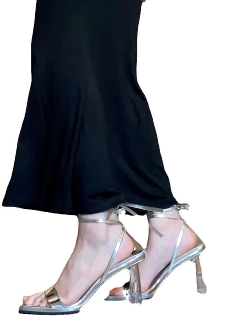 Niche Design Sølv Højhælede Transparente Stilethæle Romerske Rem Elegant Sandaler