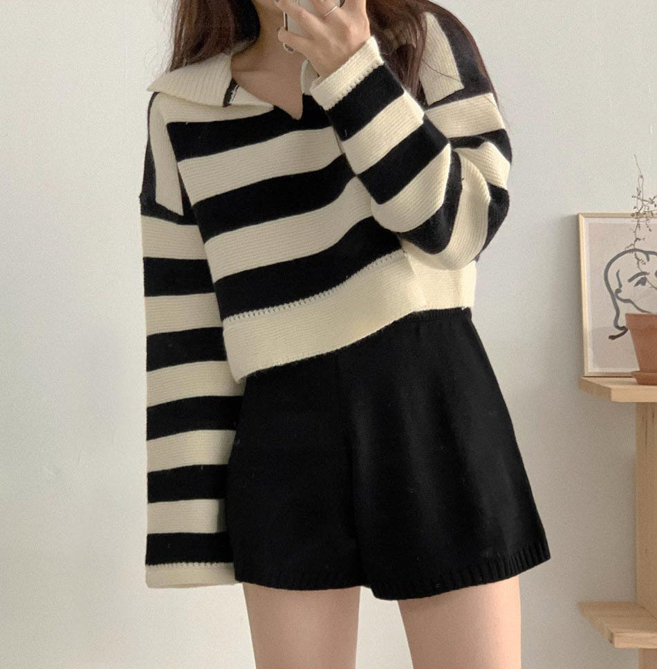 Lapel Loose Multicolor Women's Short Sweater