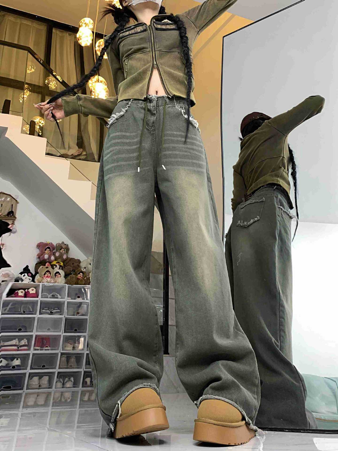 Washed Frayed Hem Casual Wide Leg Denim Pants
