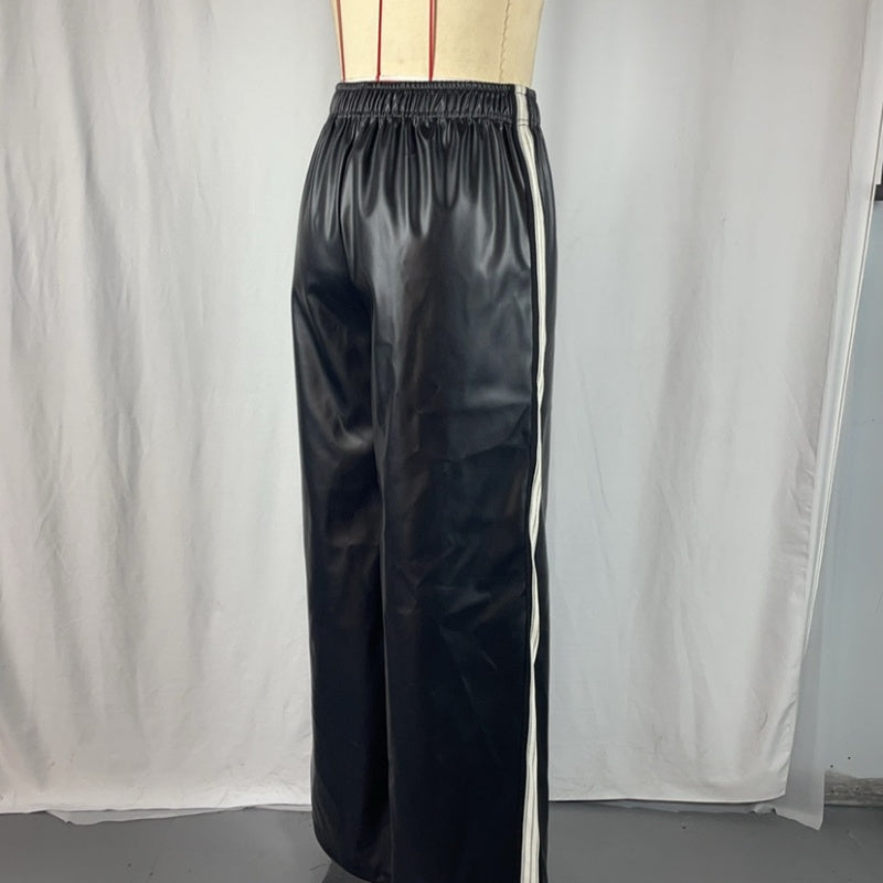 Solid-color Leather-patchwork Wide-leg Pants