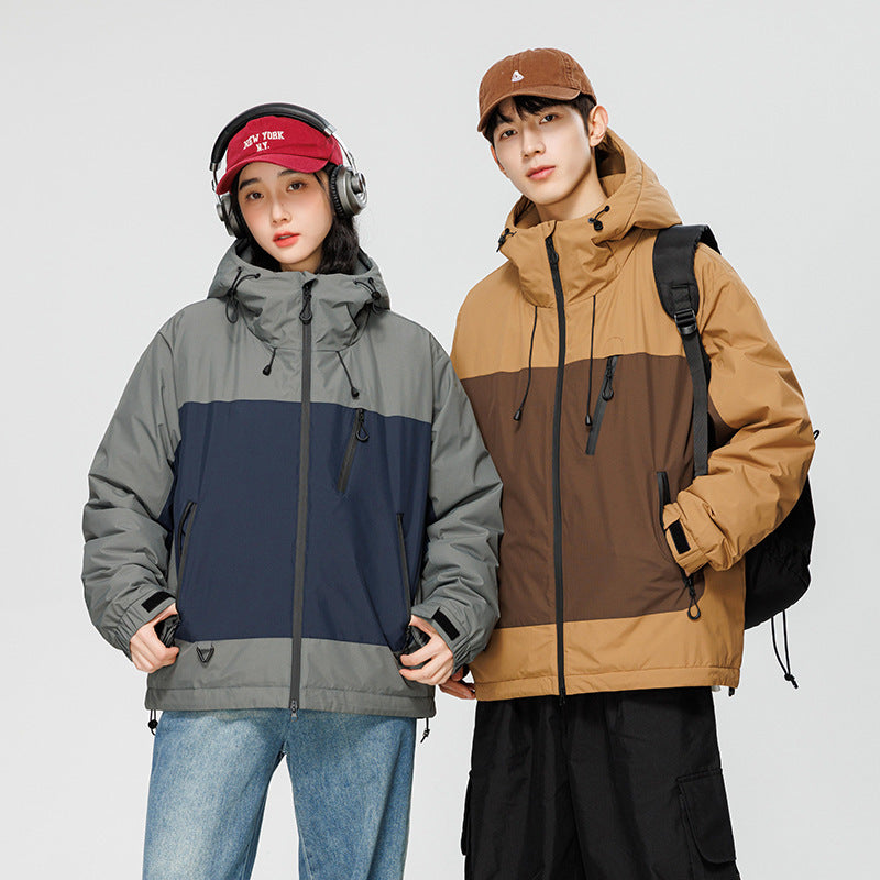 Kontrastfarvet Casual Alsidig Dunjakke Skaljakke Trendy Mekanisk Stil Amerikansk Retro
