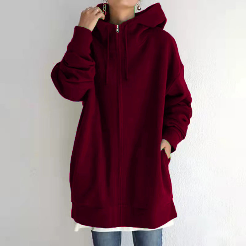 Zipper Hooded Long Velvet Lining Sweater