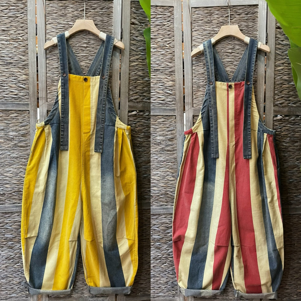 Vintage Stribede Seleshorts Kvinder Løs Bomuldsdenim Jumpsuit