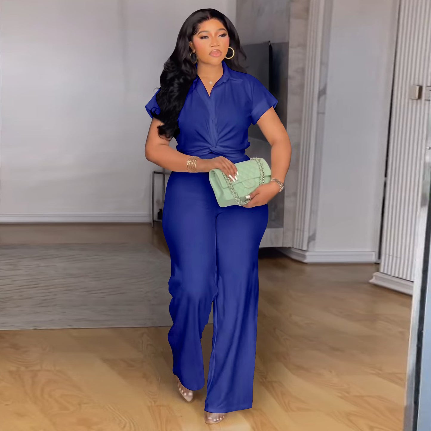 Plus-size Womens Solid-color Short-sleeve Shirt And High-waist Casual Pants Two-piece Set