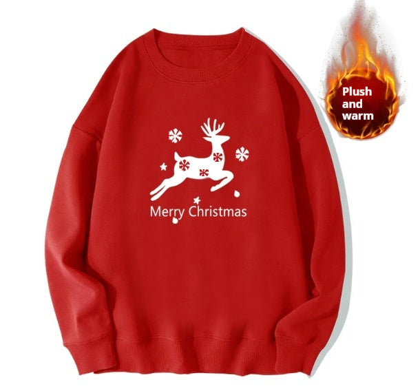 Red Sweater Christmas Fleece-lined Deer Round Neck Couple