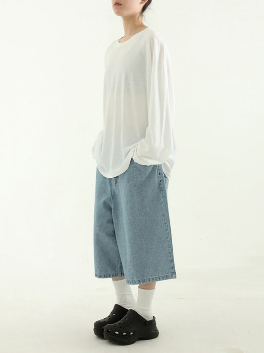 American Retro Denim Cropped Pants Women's Elastic Waist Straight Wide Leg Loose Thin Over The Knee