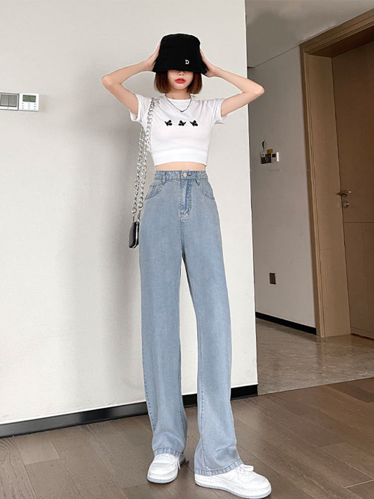 High Waist Draped Straight Loose Ice Silk Wide-leg Pants Nine Points