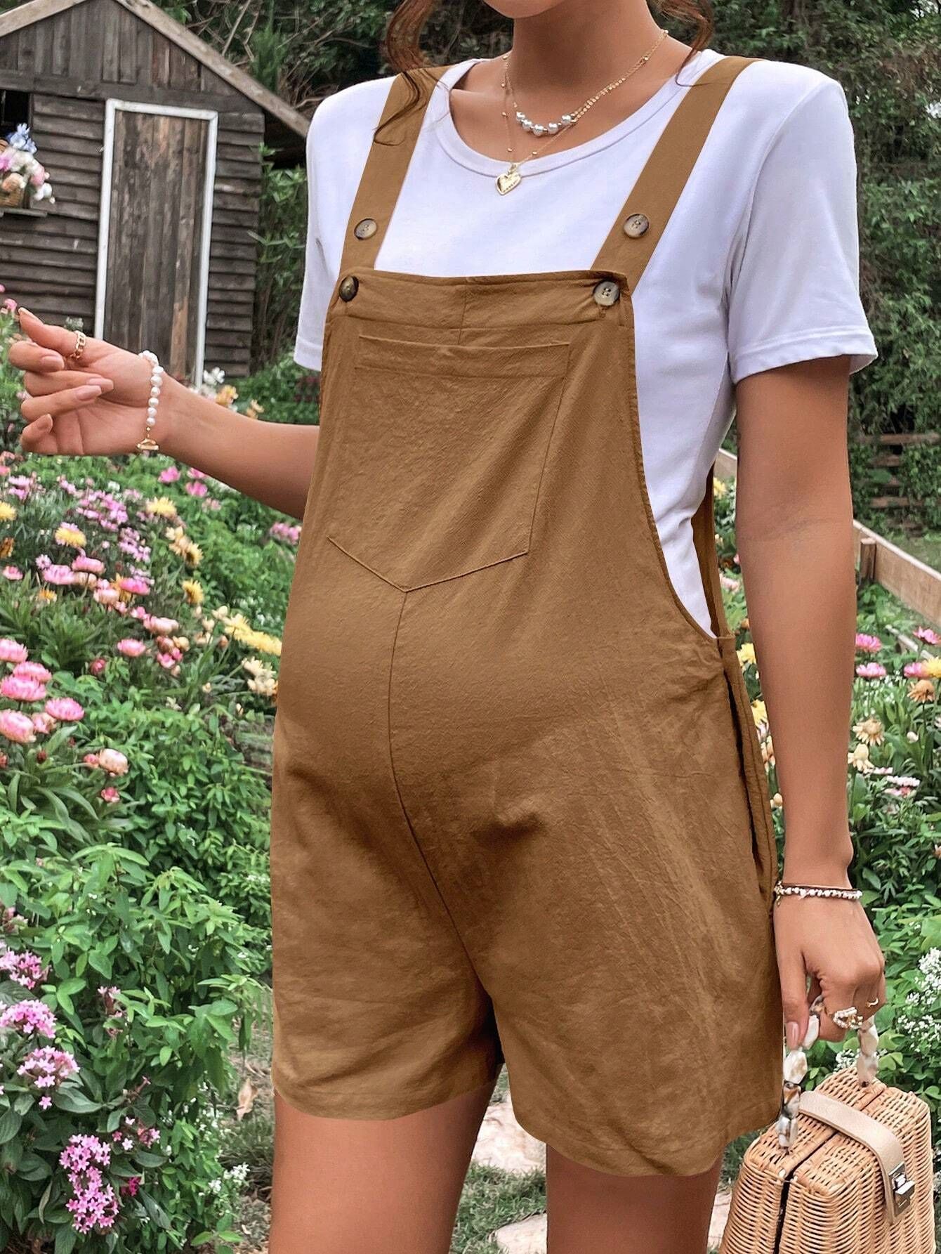 European And American Solid Color Suspender One-piece Shorts With Adjustable Waist