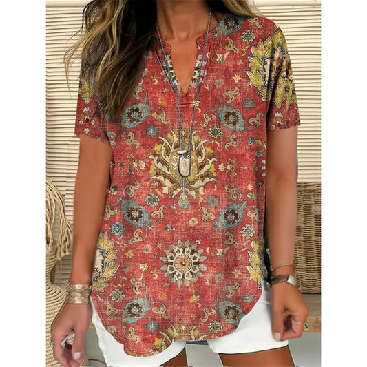 Printed Women's Spring And Summer Loose V-neck Short Sleeve Top 3D