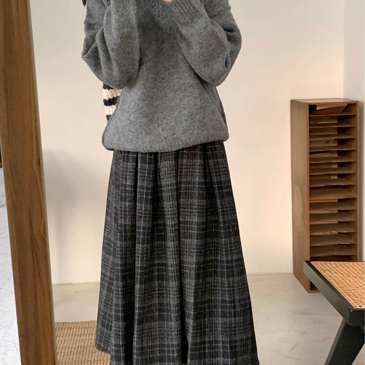 Woolen Preppy Style Retro Plaid Pleated Skirt