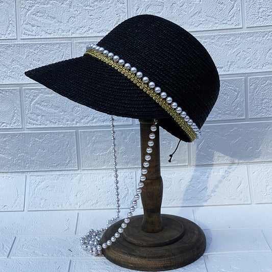 Handmade Pearl Chain Black Straw Hat