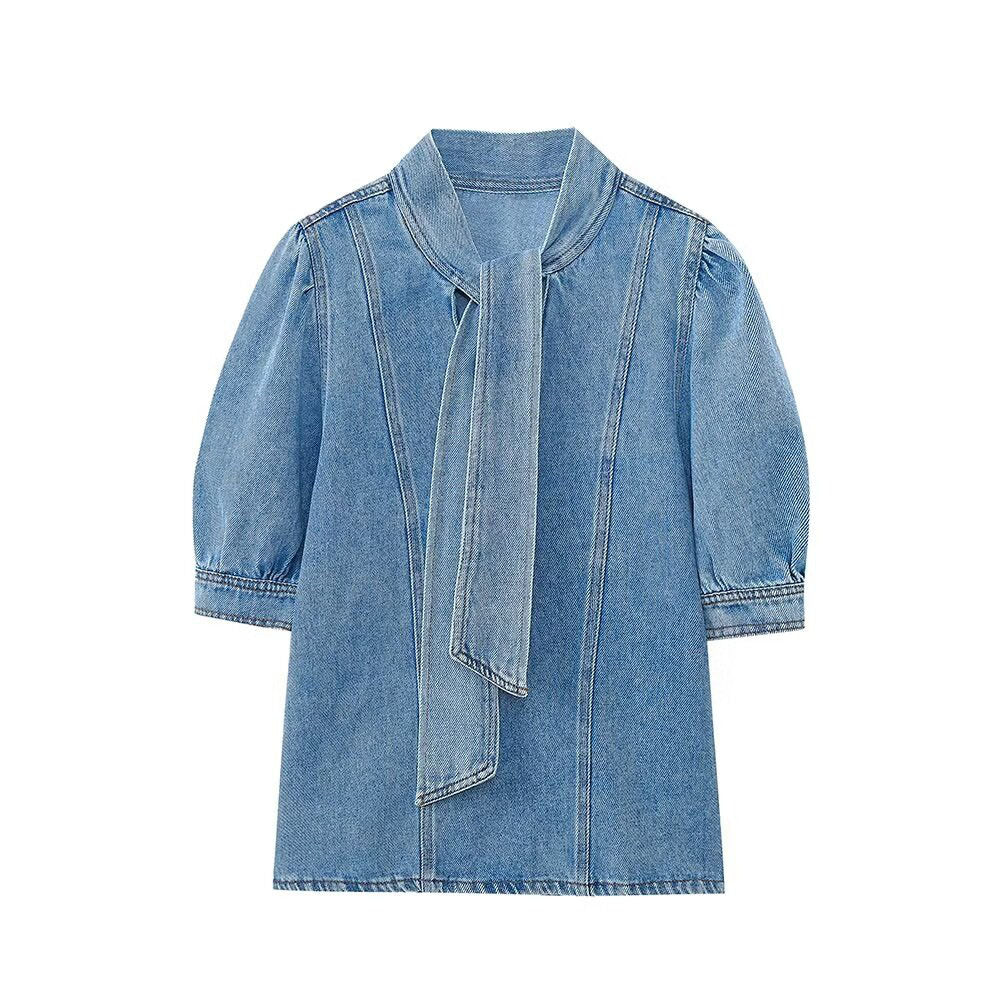 Bow-trimmed Denim Shirt Cape Dress Set
