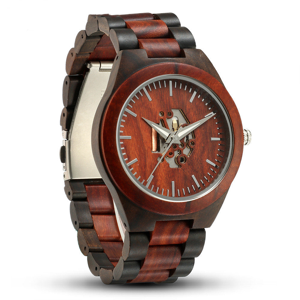 Men's skeleton wooden watch
