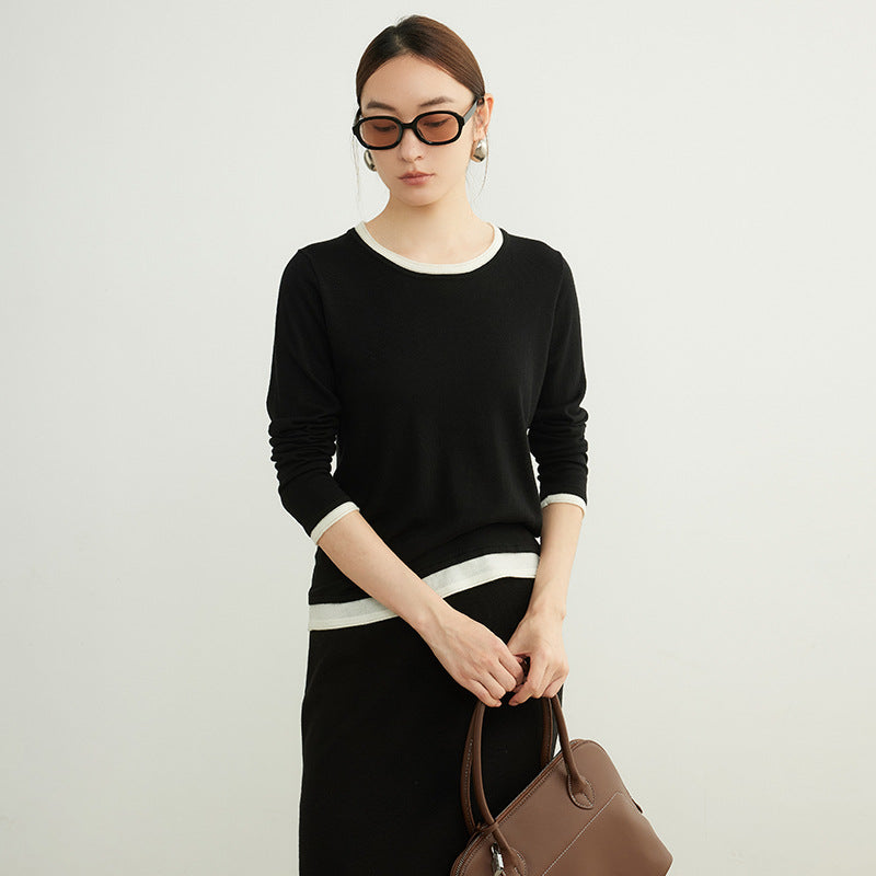 Early Spring Style Wool Sweater Women's Contrast Colors False-two-piece Bottoming Shirt