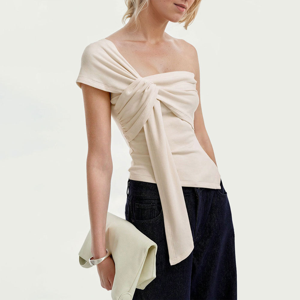 Womens Solid-Color Casual T-Shirt With Off-the-Shoulder Sleeveless Top