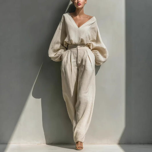 Long-sleeve Loose-fitting Trendy Unisex Retro Cotton-linen Set