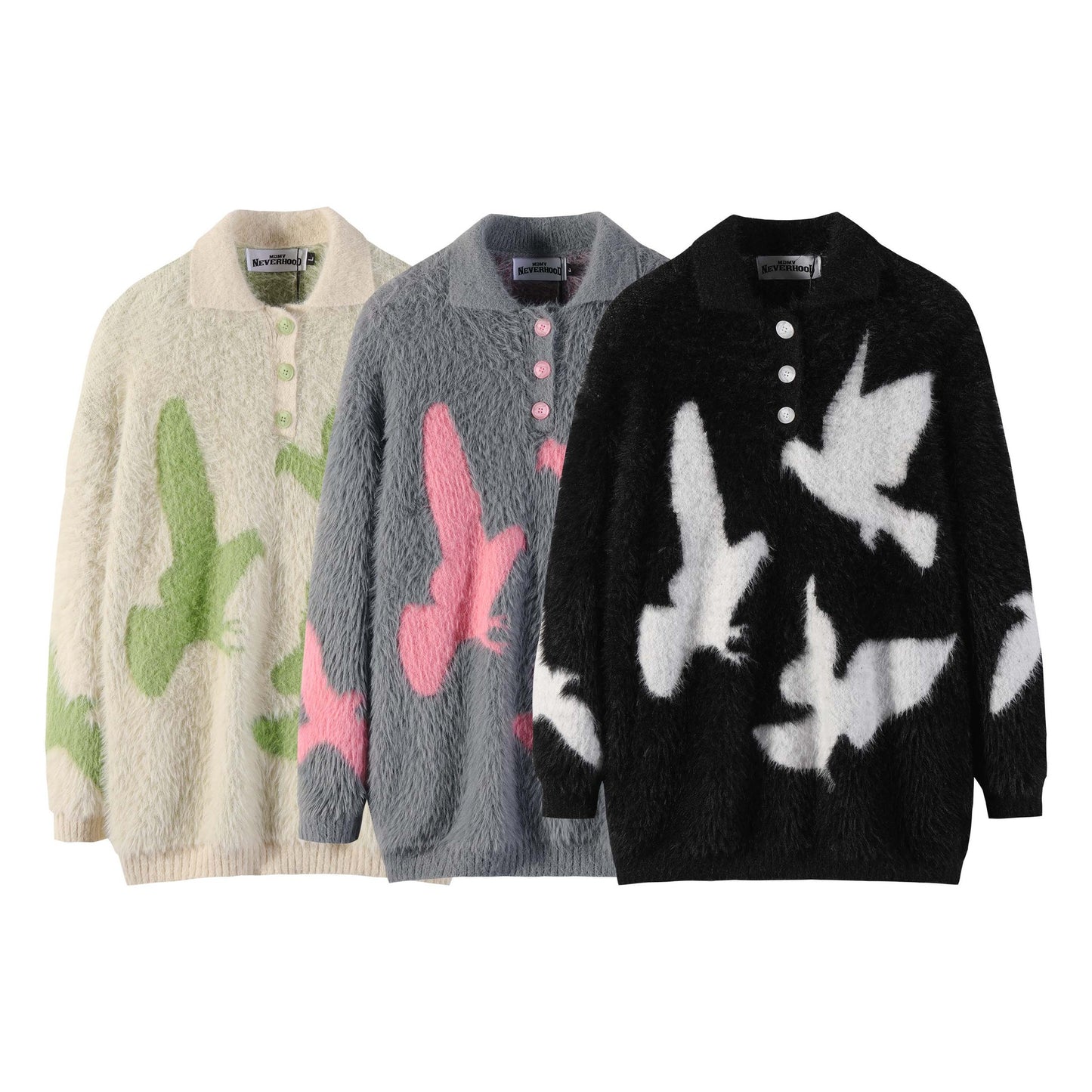 Carrier Pigeon Jacquard Furry Lapel Sweater Men's And Women's Loose Hip Hop Casual Knitwear