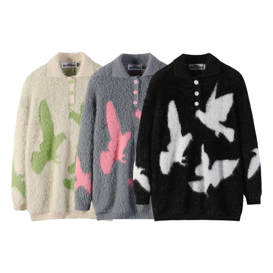 Carrier Pigeon Jacquard Furry Lapel Sweater Men's And Women's Loose Hip Hop Casual Knitwear