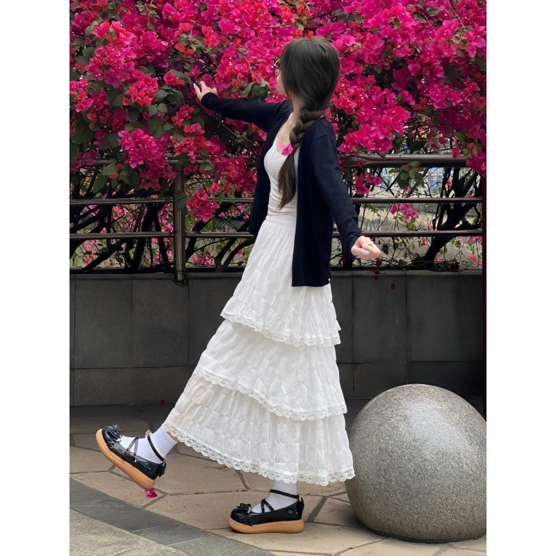New High Waist White Lace Chiffon Skirt