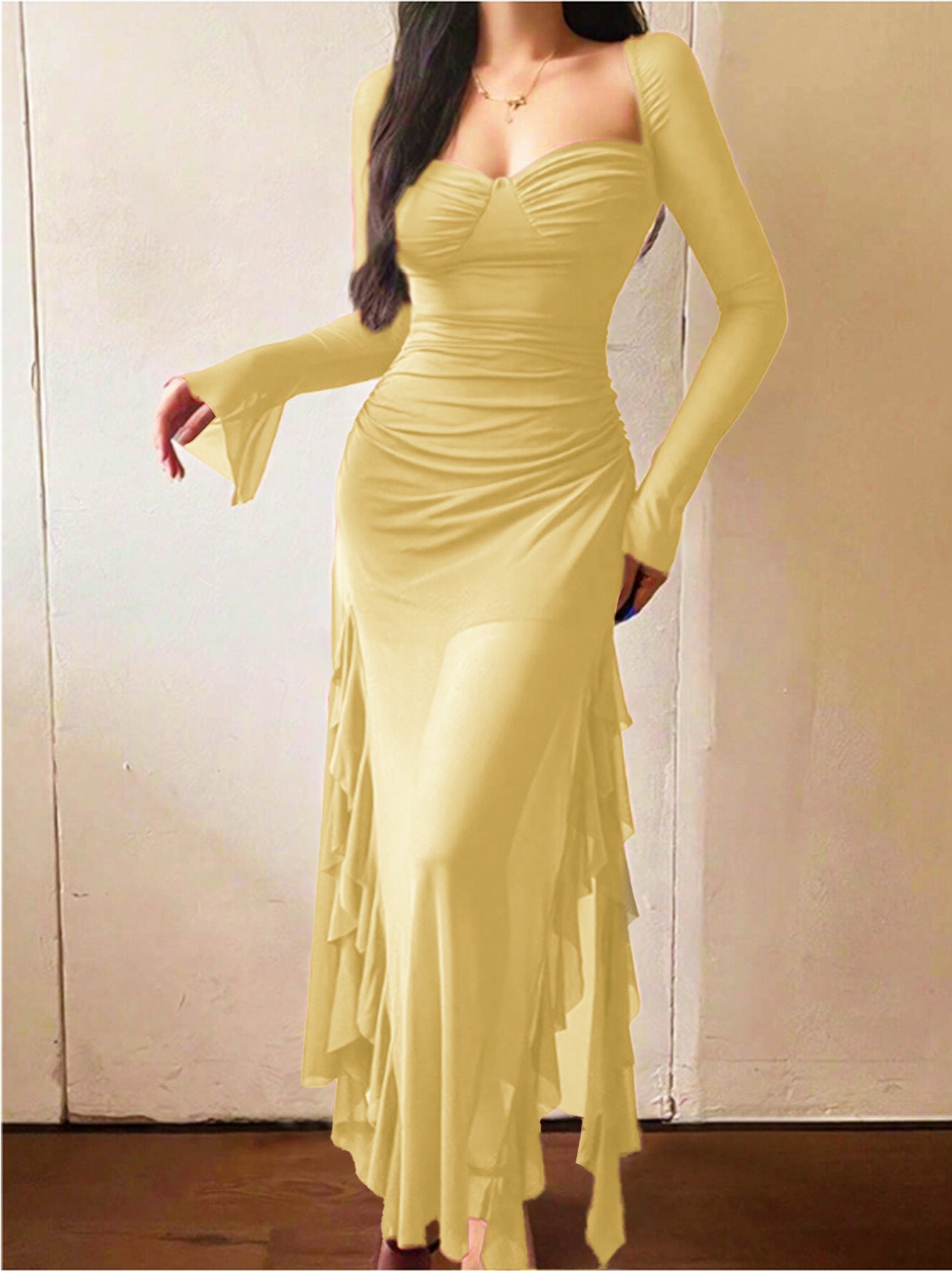 Womens Long-sleeve Mesh Dress With A Figure-hugging Fit And An Asymmetrical Slit