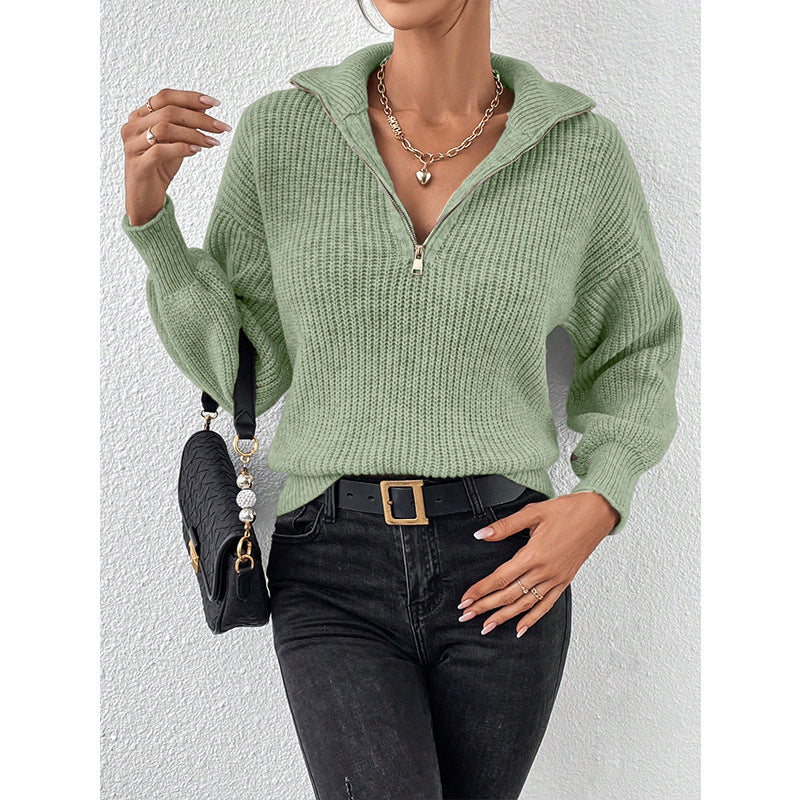 Women's Zipper Pullover Solid Color Loose Casual Long Sleeves Sweater