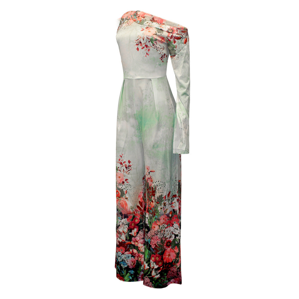 Printed Diagonal Neck Long Sleeve Off Shoulder Casual One Piece Wide Leg Pants