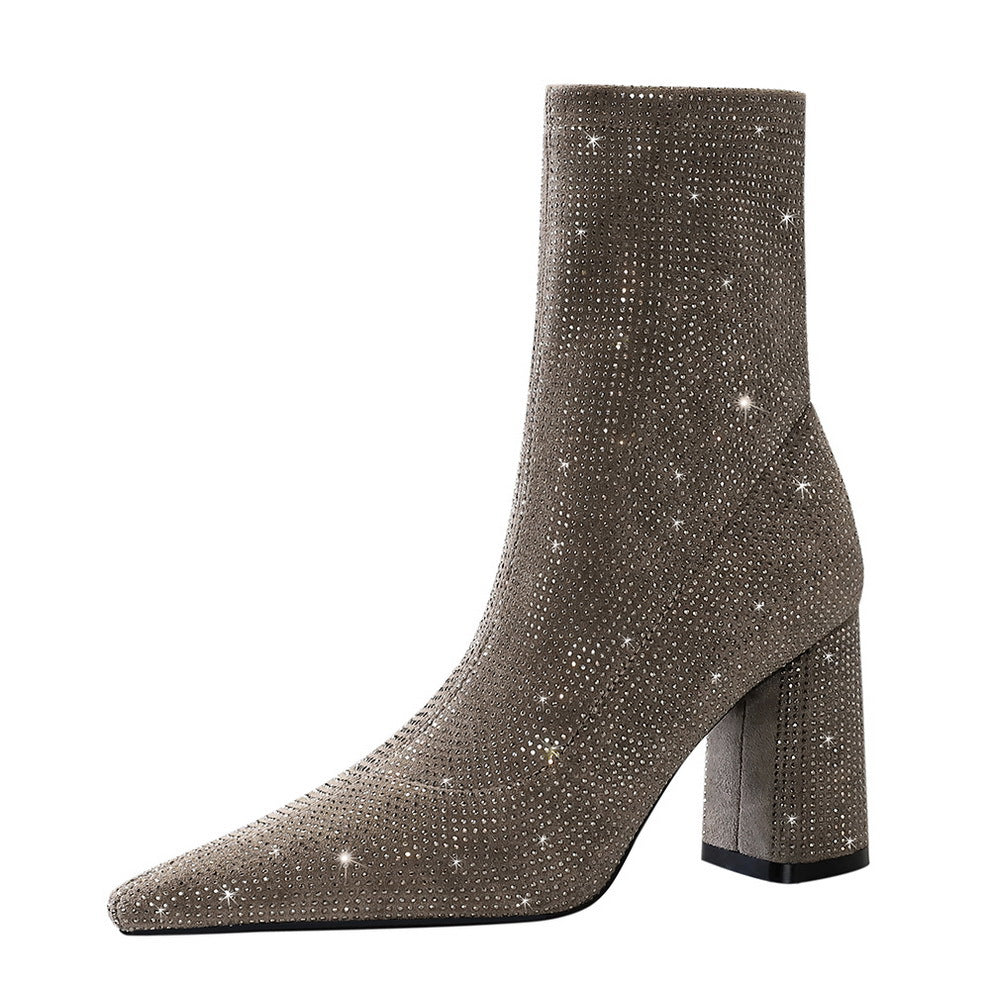 Rhinestone High Heels Women's Thick Heel Boots With Pointed Toe