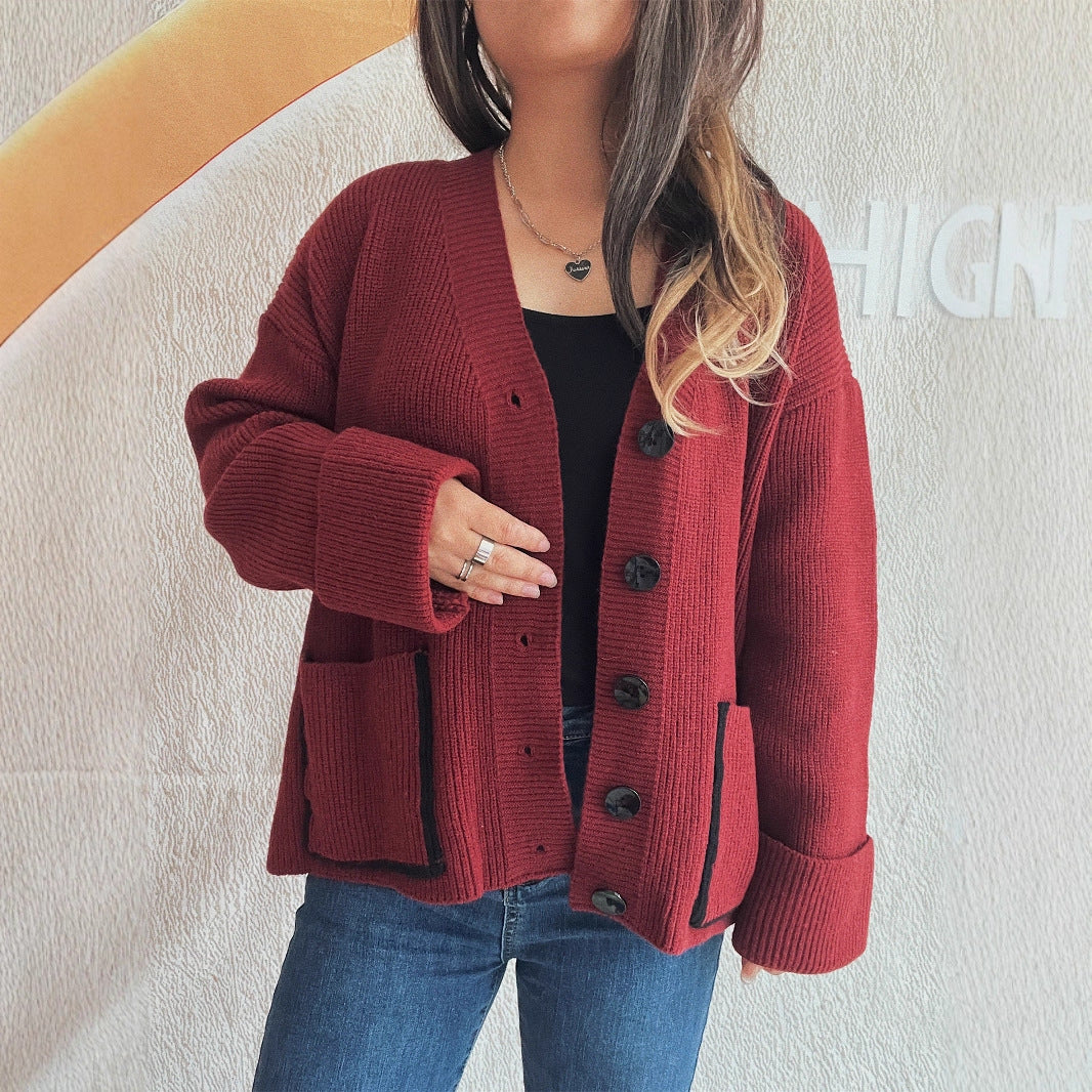 Casual Loose V-neck Solid Color Pocket Street Style Cardigan Sweater