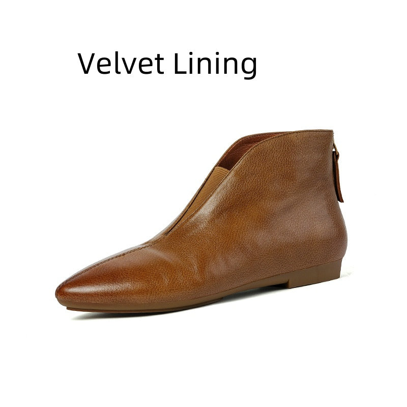 Retro ankelstøvler i læder med lav hæl og lynlås bagpå
