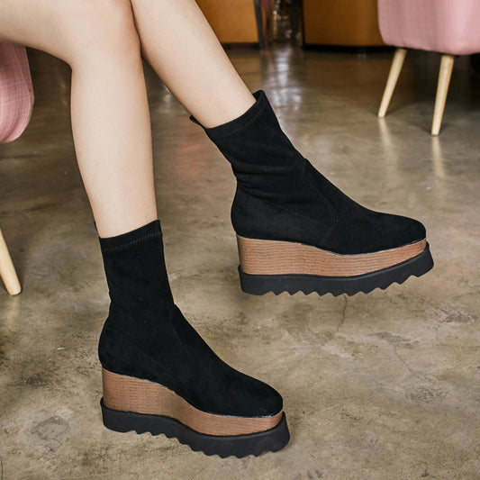 Square Toe Wedge Platform Stretch Boots