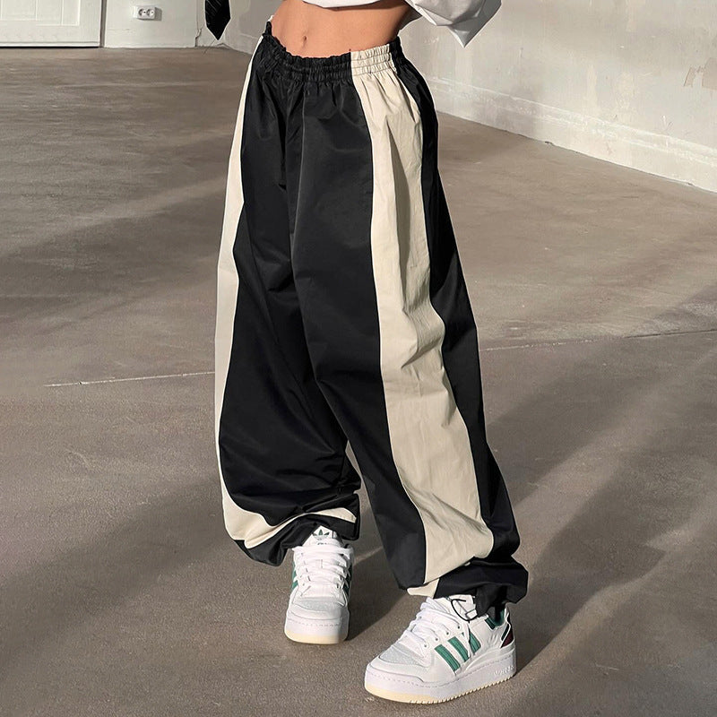 Cool Contrast Color Drawstring Ankle-tied American Casual Loose Woven Pants