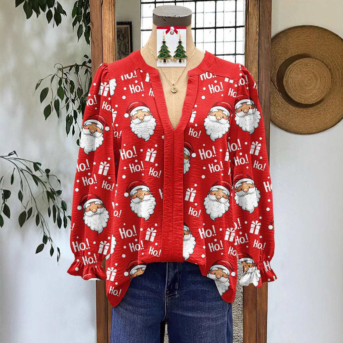Women's Shirt Loose V-Neck Long Sleeve