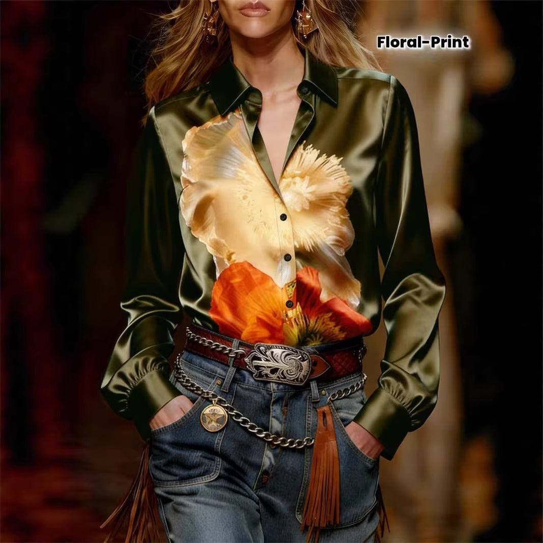 Simulated Silk Loose-Fit Oil Painting Print Summer Long-Sleeve Shirt