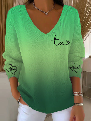 Womens Ribbed V-neck Three-quarter-sleeve Loose-fit T-shirt
