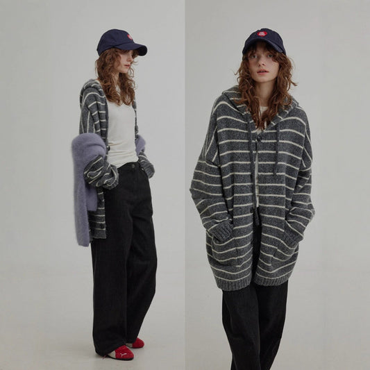 Versatile Contrast Color Striped Hooded Knitted Vintage Artistic Lazy Mid-length Sweater