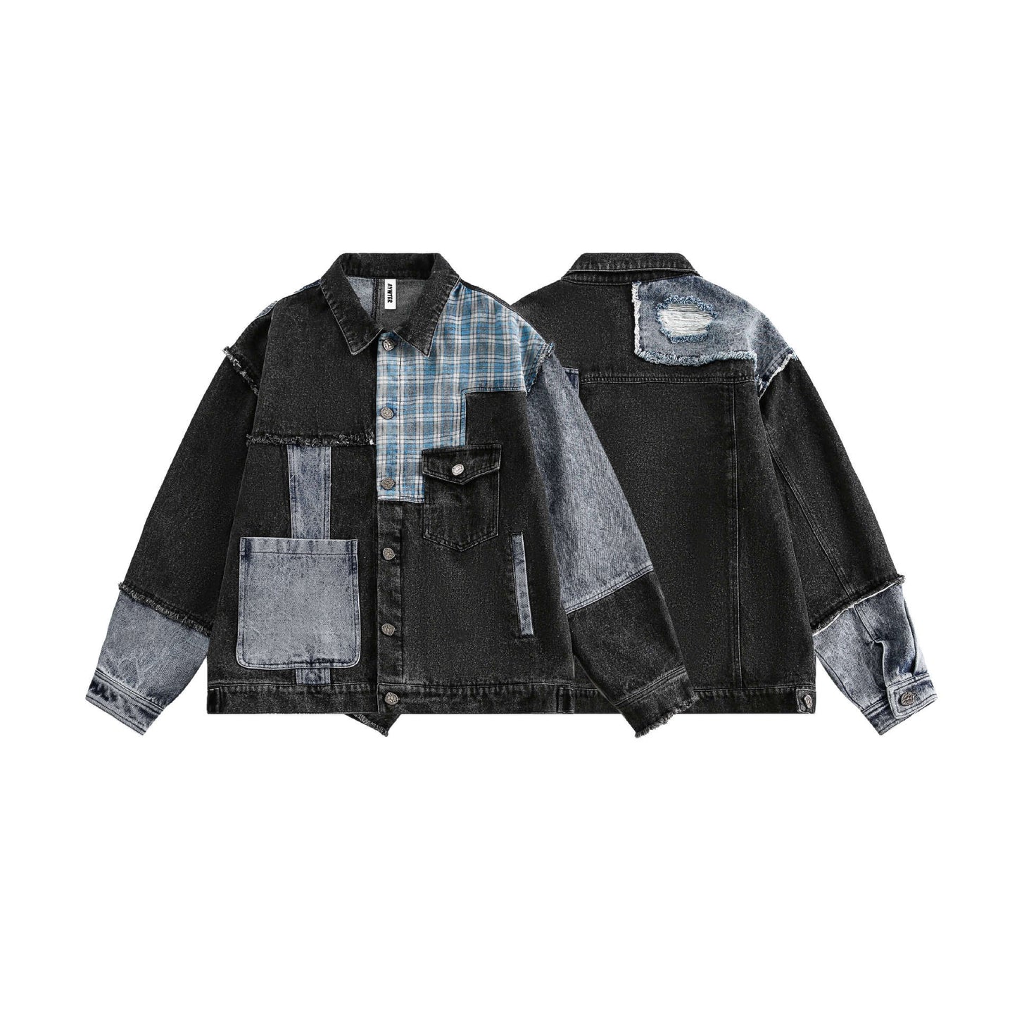 Retro Plaid Stitching Irregular Denim Jacket
