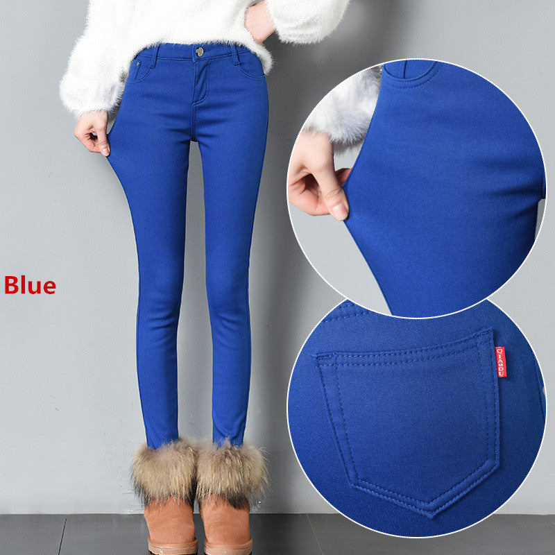 Thick pencil outer wear denim and long plus velvet boots