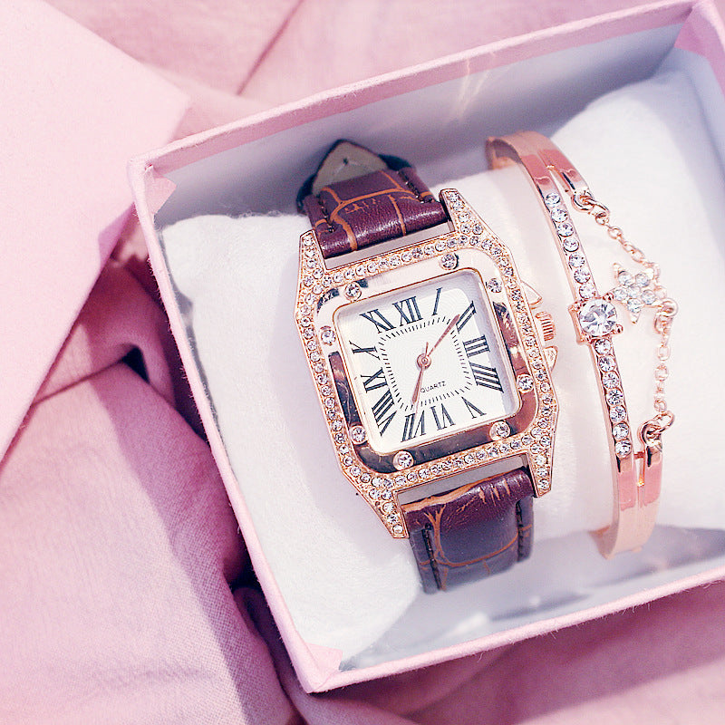 Square Dial Belt Quartz Watch + Star Bracelet