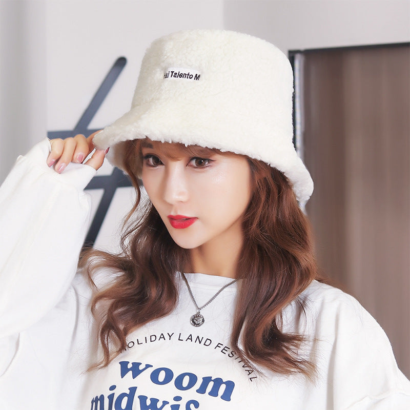 Lamb Hair Letter Embroidered Fisherman Hat