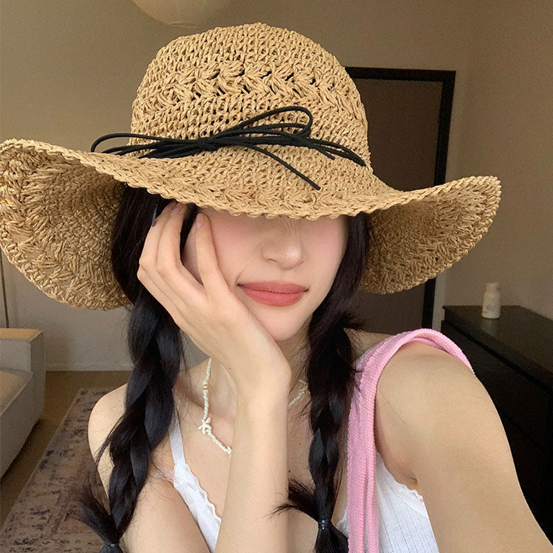 Straw Bow Chain Strap Straw Hat Female Hollow Crocheted